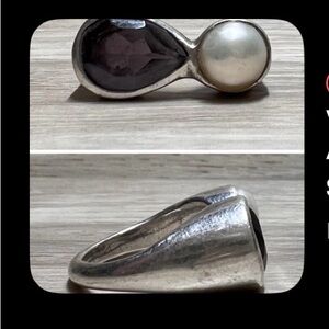 Handmade sterling silver Amethyst and pearl size 6, ring